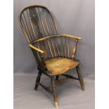 19TH CENTURY ELM HIGH HOOP STICK BACK ARMCHAIR - with shaped seat on turned supports, 97cms H, 58cms