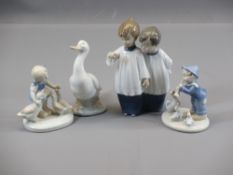 SPANISH OVAL BASED FIGURINES, A PAIR, a little boy with ducks and a little girl with ducks, a NAO