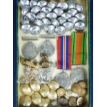 UNMARKED WWII MEDALS, cap badges and mixed buttons including a quantity of silver coloured marked '