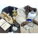VINTAGE SHEEPSKIN JACKETS (2), fur stole, a brass oil lamp with etched glass shade and a small