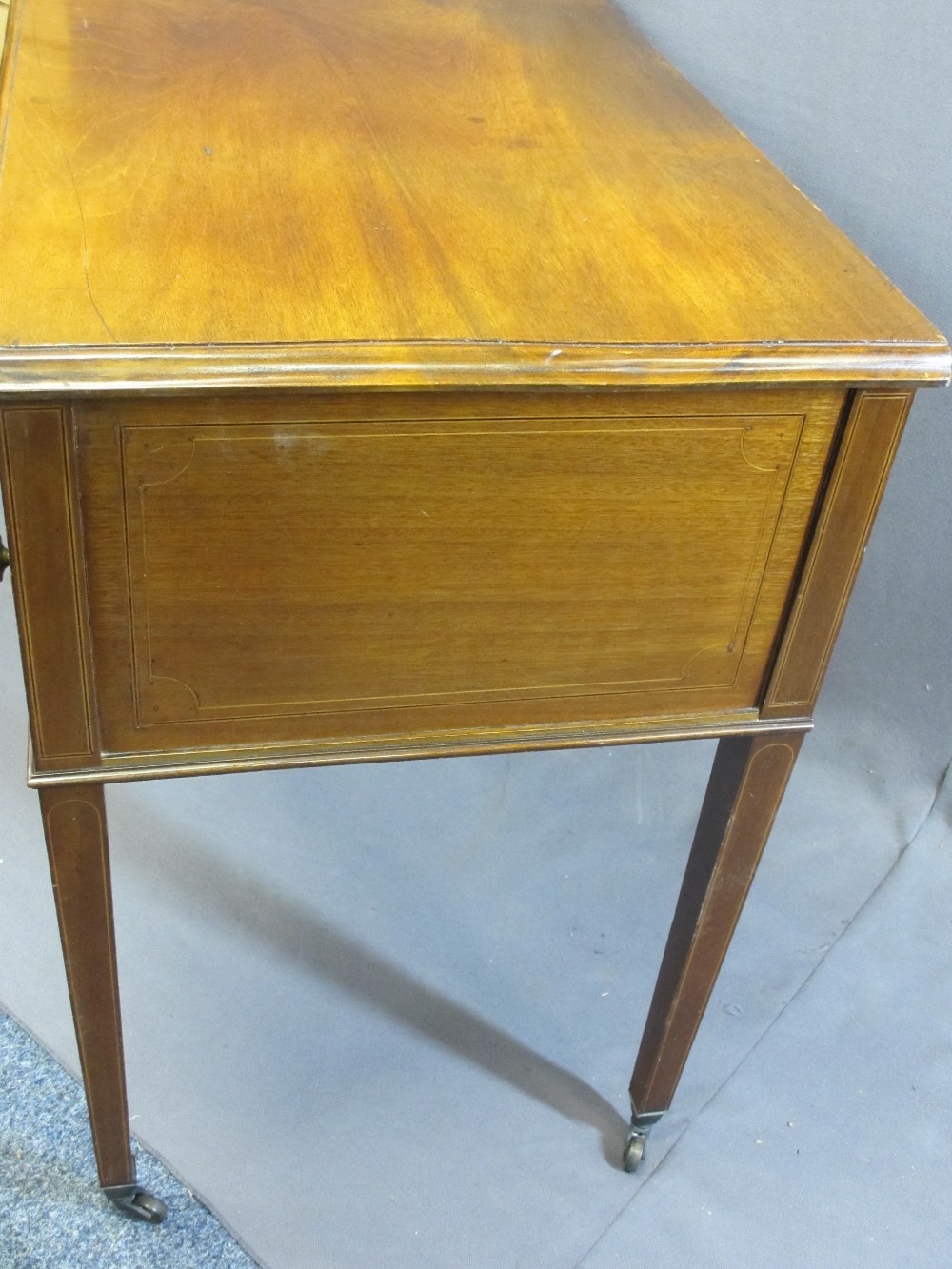 ANTIQUE MAHOGANY LADY'S DESK - with crossbanding and inlay on tapered supports, 77cms H, 92cms W, - Image 3 of 4