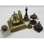 VICTORIAN & OTHER DESKTOP & HAND BELLS with a brass top glass inkwell