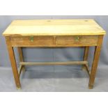 VINTAGE OAK DOUBLE SCHOOL DESK - the top with inkwell and pen apertures and twin drop-down front,