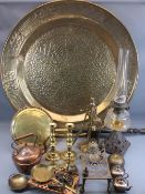 BERNARES STYLE CIRCULAR BRASS DISH/TRAY, 90cms diameter together with a parcel of brass and
