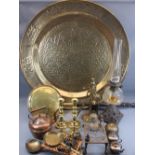 BERNARES STYLE CIRCULAR BRASS DISH/TRAY, 90cms diameter together with a parcel of brass and