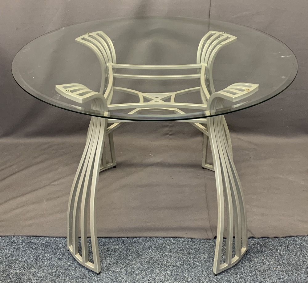 ULTRA MODERN GLASS TOP & METAL DINING TABLE & FOUR CHAIRS - 78cms H, 114cms diameter and 107cms H, - Image 2 of 3