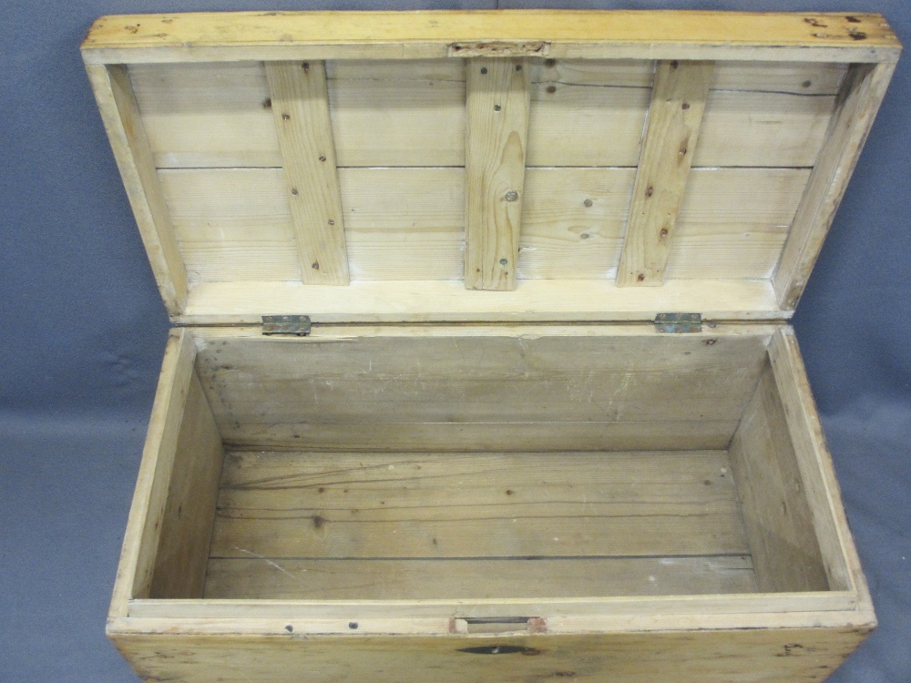VICTORIAN PINE LIDDED CAPTAIN'S STYLE CHEST - with iron carry handles and strap hinges, interior - Image 2 of 5