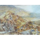 MANNER OF DAVID COX JR watercolour - mountain scene with figure on a rock, 22 x 34cms