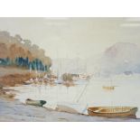 ENGLISH SCHOOL watercolour - the Marine Walk Conwy with numerous boats and Deganwy and the Vardre in