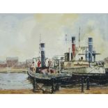 R G (BOB) HIILL watercolour - moored tugs at Ellesmere Port, signed, 27 x 36cms