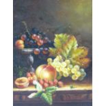 K W PULLING modern oil on board - still life, fruit and leaves on a table, indistinctly signed, 24 x