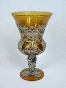 VINTAGE AMBER GLASS CHALICE/GOBLET - mounted with pierced white metal with decorative outer