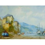 JACK R MOULD oil on canvas - continental coastal scene with cliffside properties and beached