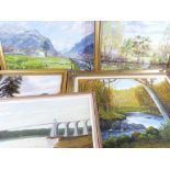 FRAMED OILS ON BOARD (5) - various artists to include J GLYN ROBERTS - mountain road scene with