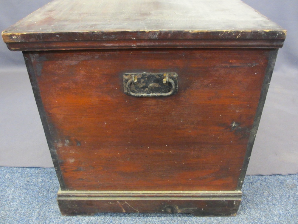 VICTORIAN PINE LIDDED CAPTAIN'S STYLE CHEST - with iron carry handles and strap hinges, interior - Image 3 of 5