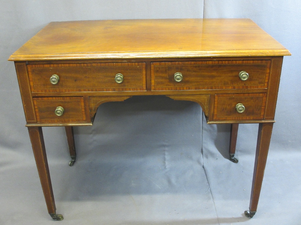 ANTIQUE MAHOGANY LADY'S DESK - with crossbanding and inlay on tapered supports, 77cms H, 92cms W,