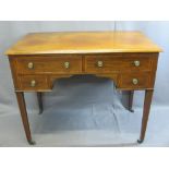 ANTIQUE MAHOGANY LADY'S DESK - with crossbanding and inlay on tapered supports, 77cms H, 92cms W,