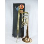 YAMAHA YBL-321 BASE TROMBONE - in fitted carry case, mixed polished metals with silvered mouthpiece,