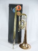 YAMAHA YBL-321 BASE TROMBONE - in fitted carry case, mixed polished metals with silvered mouthpiece,