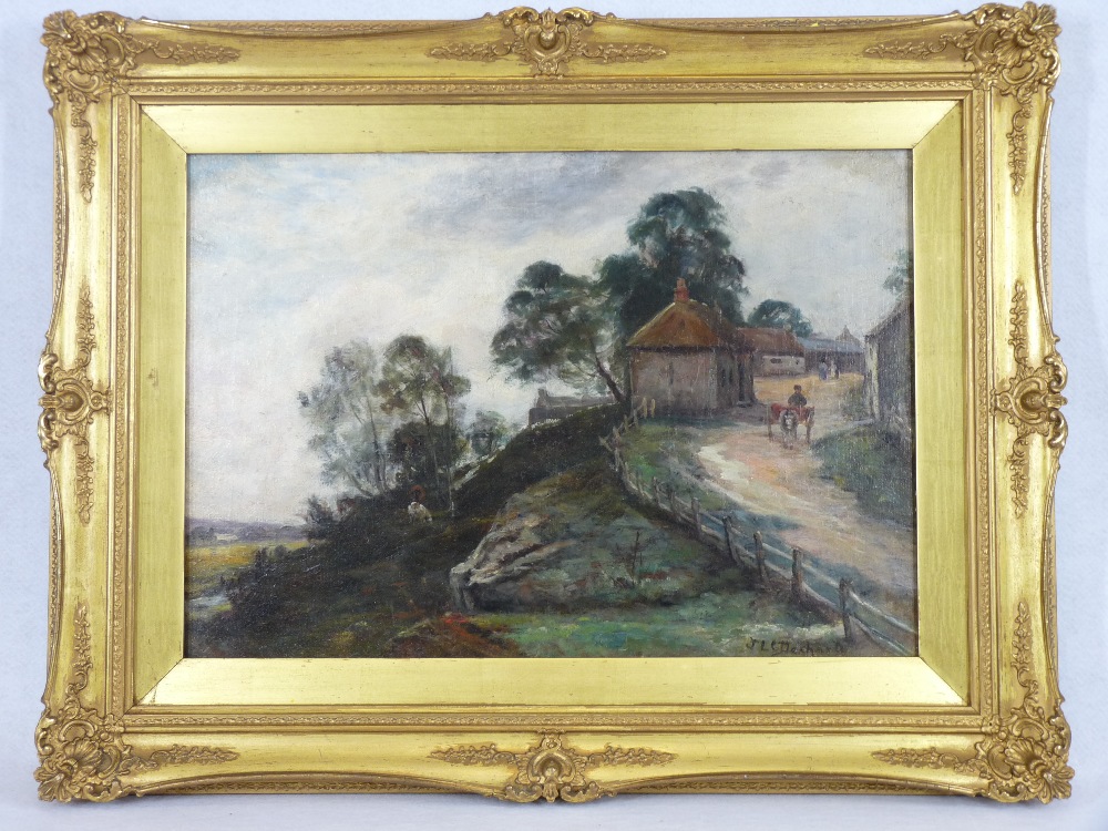 J L C DOCHERTY oil on canvas - a farm setting with landscape, 34.5 x 49.5cms - Image 3 of 3