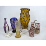 MIXED CAMEO, ETCHED, BLOWN and other glassware to include a large metal framed Amber blown glass