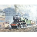 After J KEITH BYASS oil on board - L N E R steam engine 4472 departing with passenger coaches from