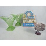BOXED BABYCHAM 6 GLASS PARTY PACK OF GLASSES, a pair of green glass Art Deco vases and a Slag