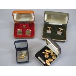 A PARCEL OF ROLLED GOLD CUFFLINKS, ETC, an oval 9ct gold pin stud and a silver thrupenny piece ring