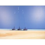 JOHN HORSEWELL box frame acrylic on canvas - typical open beach scene with three tethered sailing