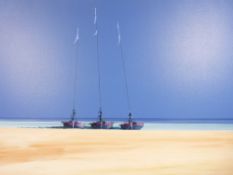 JOHN HORSEWELL box frame acrylic on canvas - typical open beach scene with three tethered sailing