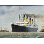 After J KEITH BYASS oil on board - The Titanic with tugboats, signed and dated 1993, 50 x 75cms