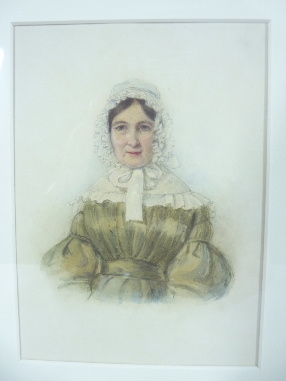 WATERCOLOUR PORTRAIT STUDIES, a pair - Dickensian style lady and gentleman, half- length in period - Image 2 of 3