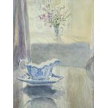 KEITH ANDREW watercolour - interior scene with jug of flowers in the window and jug and dish on a