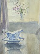 KEITH ANDREW watercolour - interior scene with jug of flowers in the window and jug and dish on a