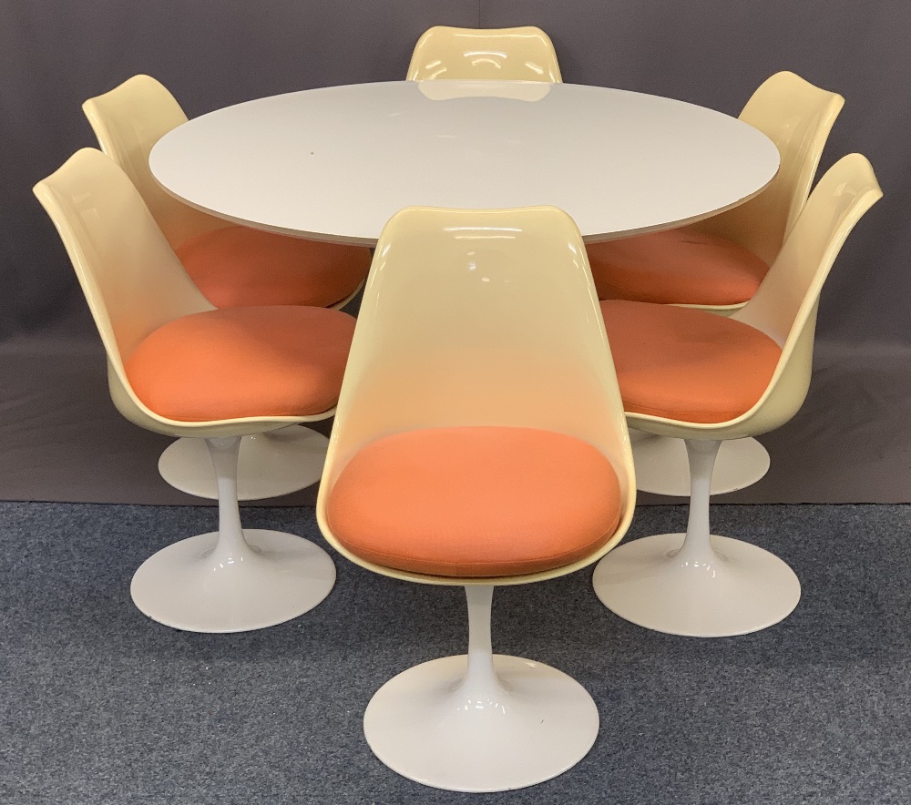 RUDI BONZANINI CIRCULAR PEDESTAL DINING TABLE & SIX CHAIRS - 73.5cms H, 120cms diameter and 79cms H,