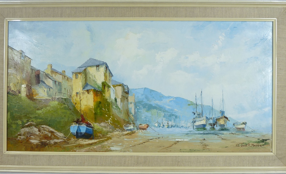 JACK R MOULD oil on canvas - continental coastal scene with cliffside properties and beached - Image 3 of 3