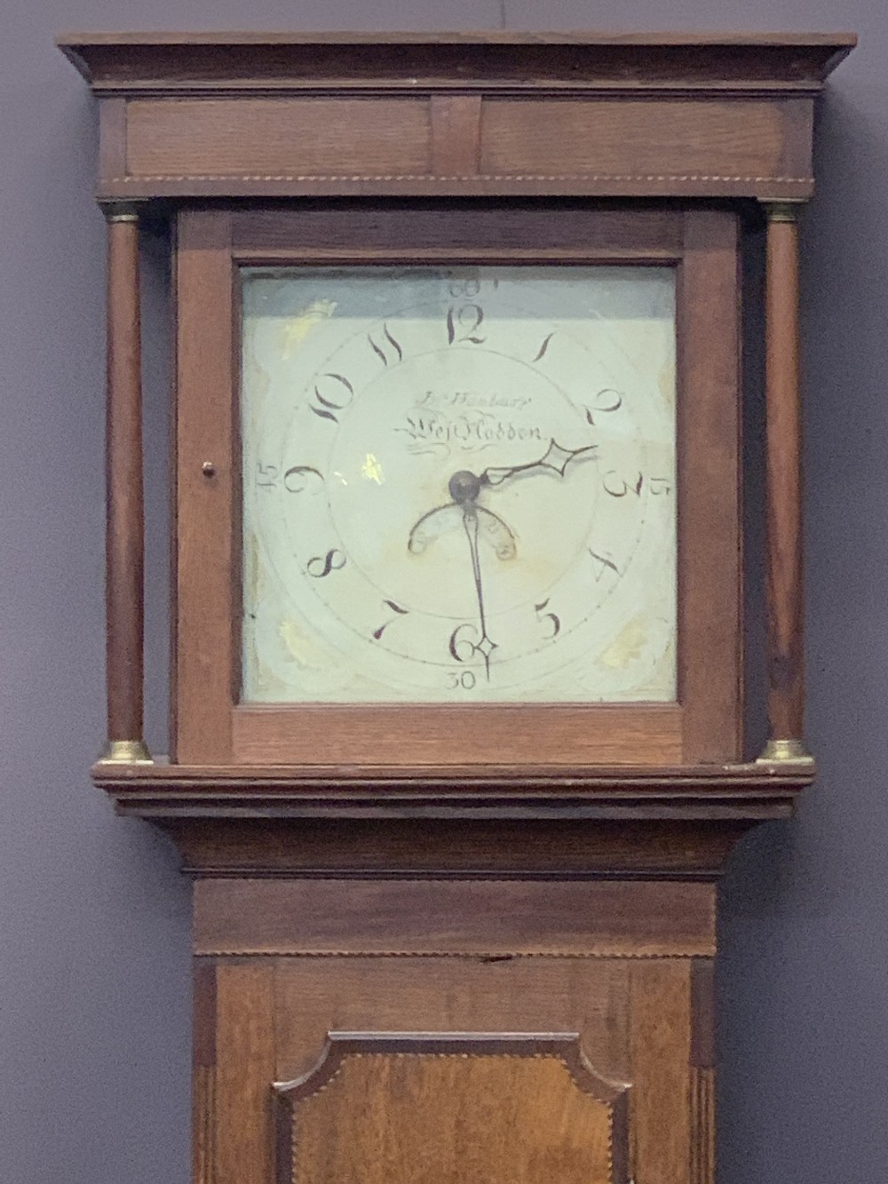 CIRCA 1840 30 HOUR INLAID OAK LONGCASE CLOCK BY J Hanbury, West Haddon, the square hood with