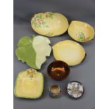 CARLTONWARE - four pieces, yellow ground leaf dishes, a small Crown Devon yellow ground floral