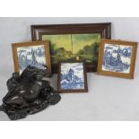 DUTCH PAINTED & OTHER FRAMED TILES along with an Eastern carved water buffalo and boy on a carved