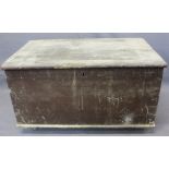 SMALL VINTAGE PINE LIDDED CHEST - with iron carry handles on metal castors, 38cms H, 67.5cms W,