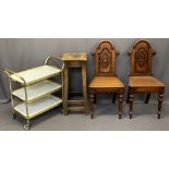 VICTORIAN MAHOGANY HALL CHAIRS, A PAIR, vintage high stool and a modern gilt metal three tier tea