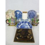 WILLOW PATTERN CAKESTAND, G Rushbrook ham stand, Staffordshire spillholder and other items of