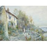 JOSEPH HUGHES CLAYTON watercolour - Anglesey coastalscape with cottage, figure and doves and with