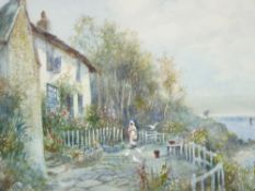 JOSEPH HUGHES CLAYTON watercolour - Anglesey coastalscape with cottage, figure and doves and with
