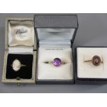 9CT GOLD & SILVER DRESS RINGS (3) to include an Amethyst set in gold, size O, cameo mounted ring