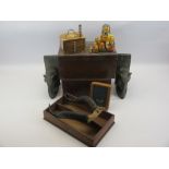 VINTAGE LIDDED BOXES, carved elephant bookends, pair of antlers and other treen collectables
