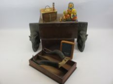 VINTAGE LIDDED BOXES, carved elephant bookends, pair of antlers and other treen collectables