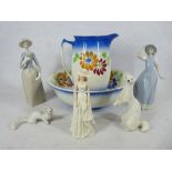 USSR PORCELAIN FERRETS and other figurines and a pottery wash jug and bowl