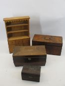 GEORGIAN MAHOGANY TEA CADDY, two others and a modern miniature oak dresser, the main tea caddy