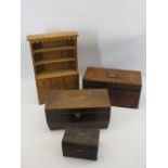 GEORGIAN MAHOGANY TEA CADDY, two others and a modern miniature oak dresser, the main tea caddy